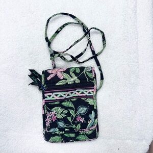 Vera Bradley Floral Crossbody Bag- Black, Green Leaves, and Pink Flowers